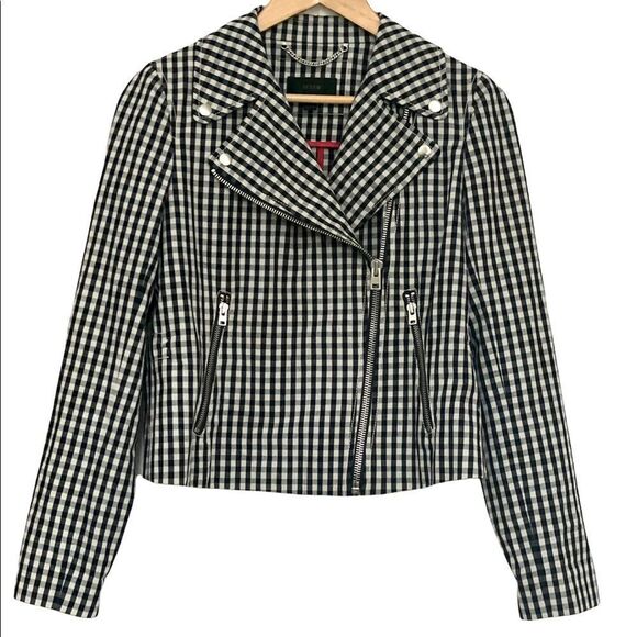 J. CREW Collection Size 8 Navy White Gingham Moto Asym Zip Jacket - Picture 3 of 13